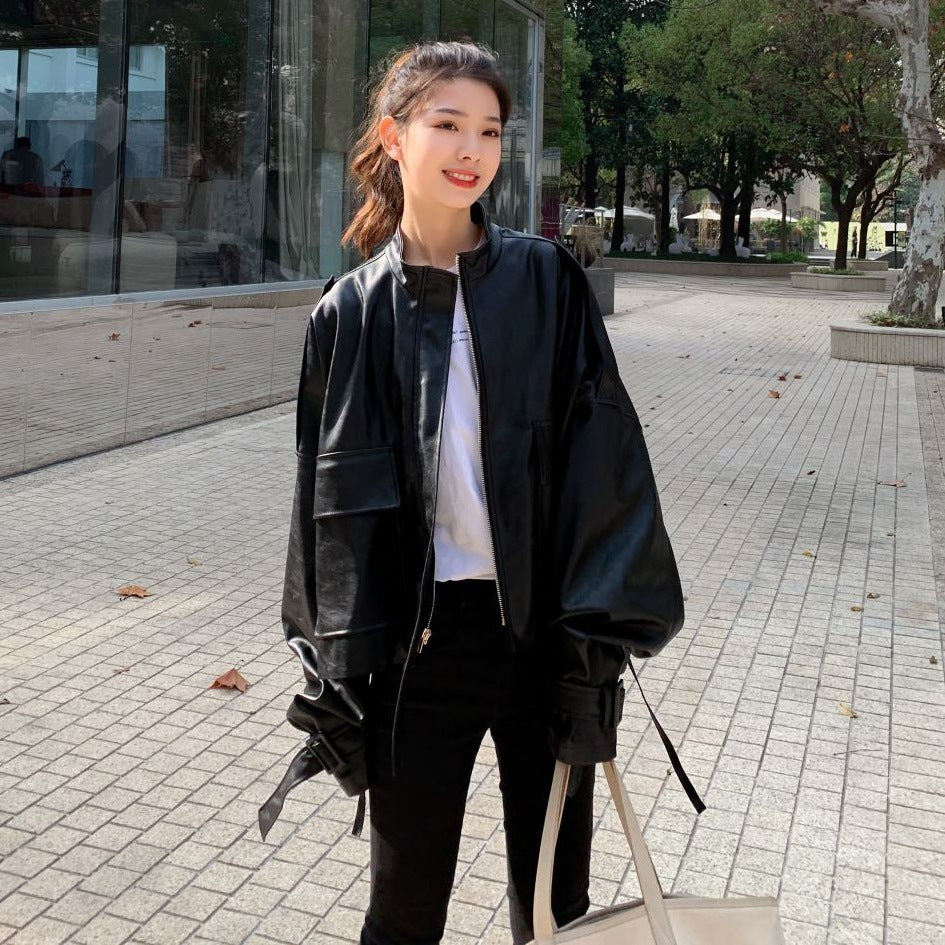 Retro Loose Collar Style Leather Jacket