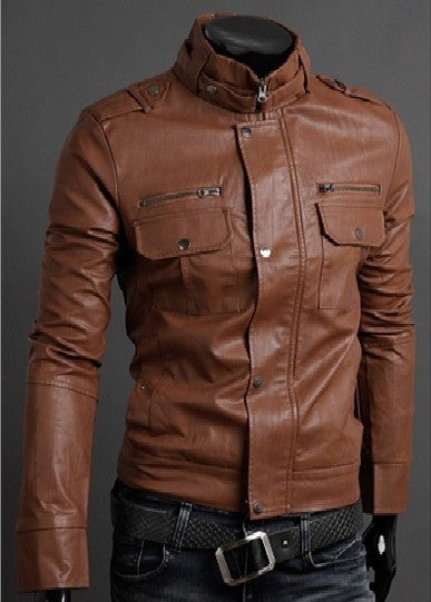 SLIM FIT STAND BUCKLE COLLAR FAUX LEATHER JACKET