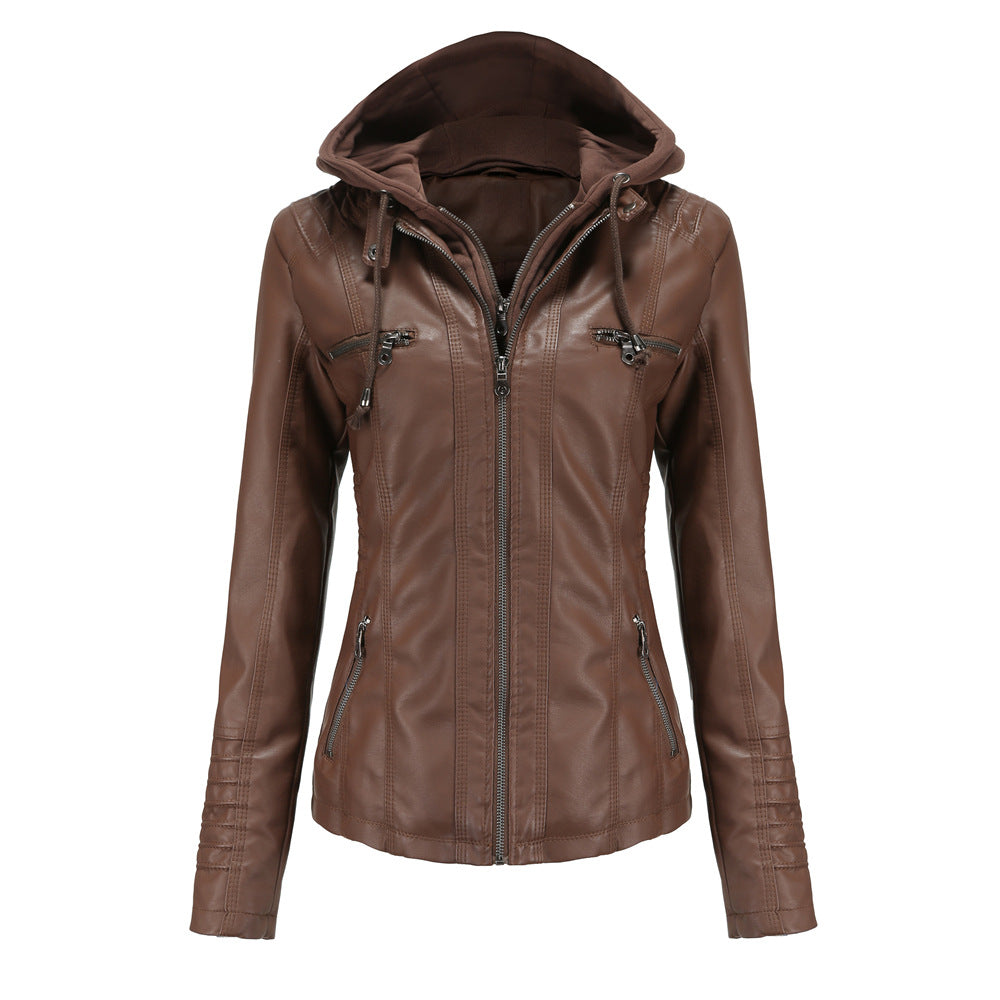 HOODED LEATHER ZIPPER JACKET