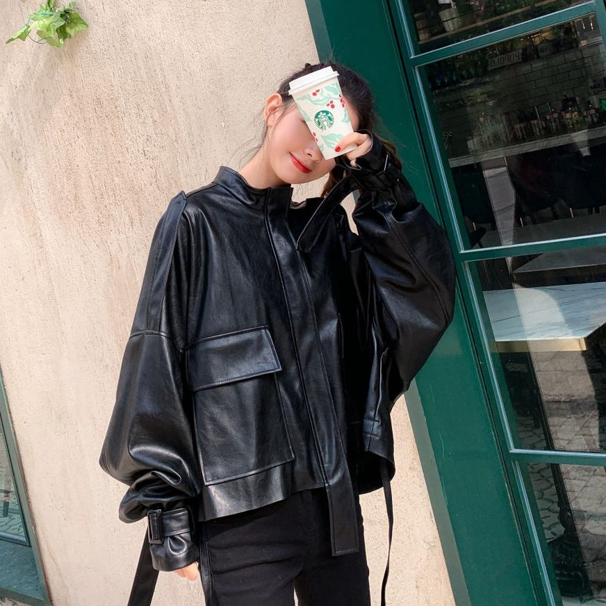 Retro Loose Collar Style Leather Jacket
