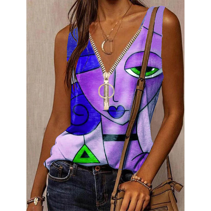 Sleeveless Zipper Printed Top