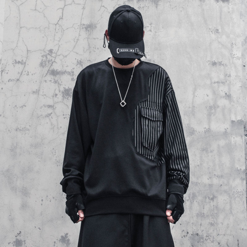 OVERSIZED PULLOVER TWO-PIECE SPLICING STRIPED PATCHWORK SWEATSHIRT