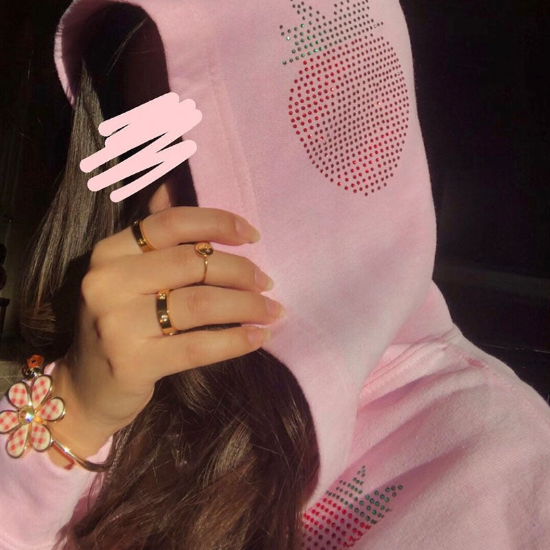 Loose Strawberry Pattern Rhinestone Zipper Jacket