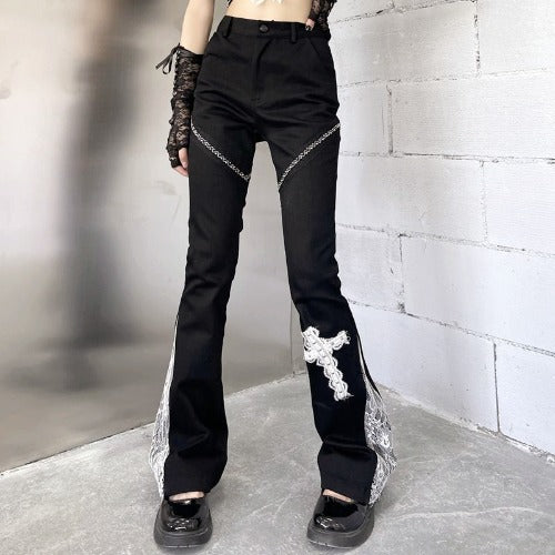 HIGH WAIST PATCHWORK WIDE LEG PANTS