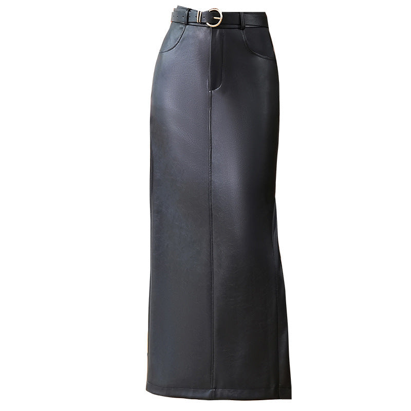 Fleece-Lined PU Leather Side-Slit Skirt
