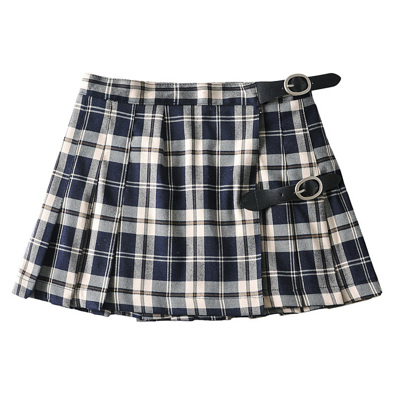 Retro Plaid Pleated Belt Buckle Skirt