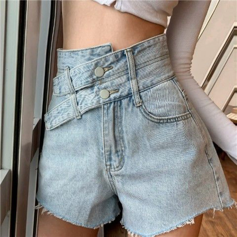 DOUBLE BUCKLE DENIM SHORTS