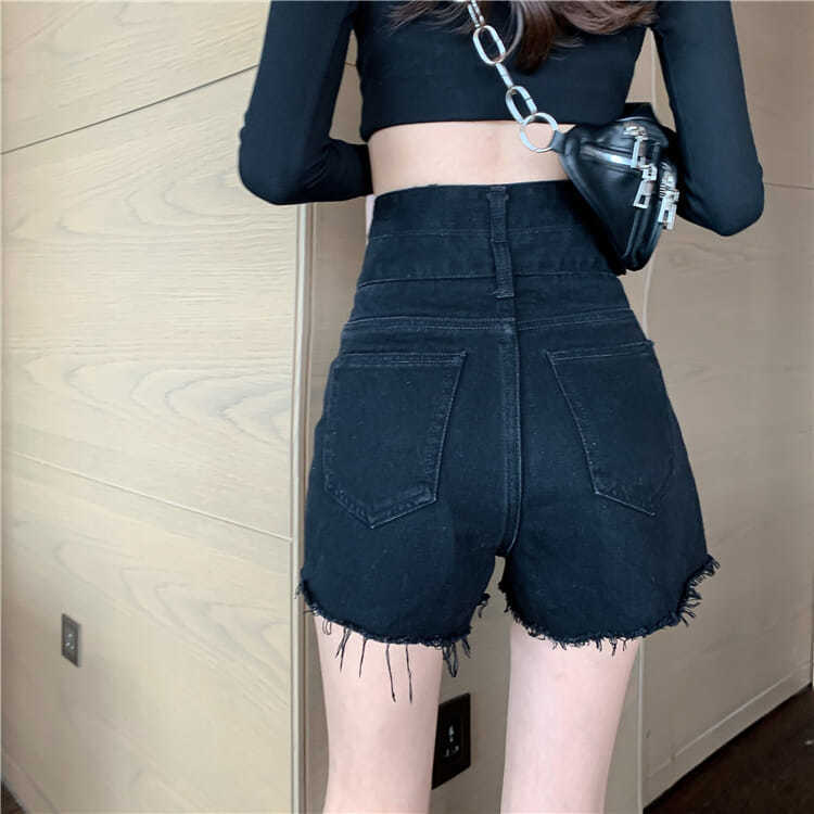 DOUBLE BUCKLE DENIM SHORTS