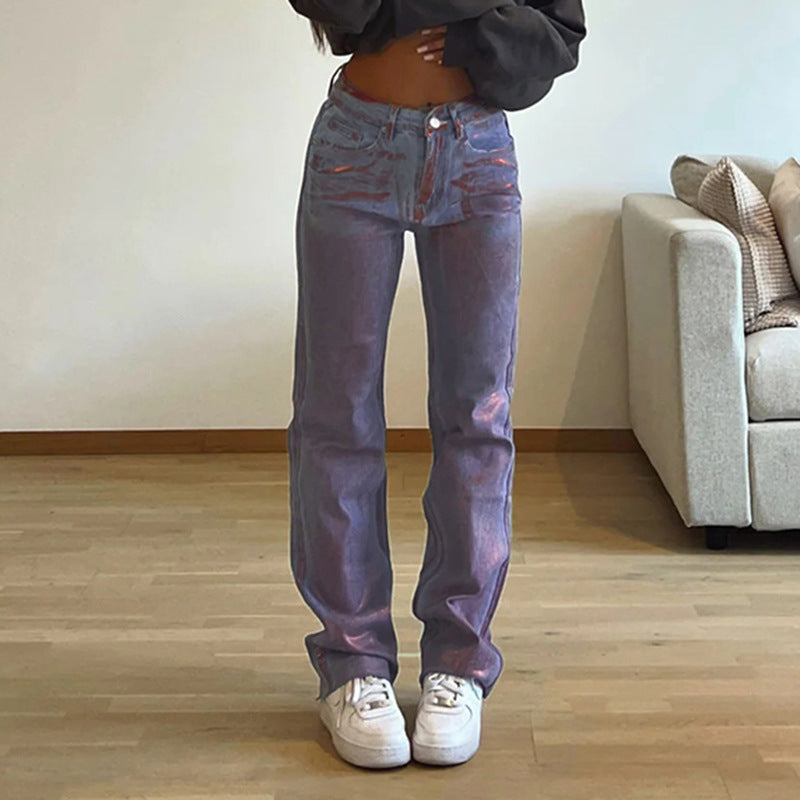 Straight Loose Spray-painted Printed Jeans