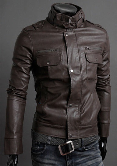 SLIM FIT STAND BUCKLE COLLAR FAUX LEATHER JACKET