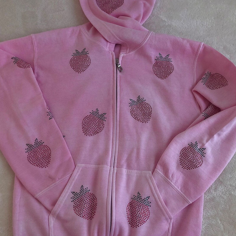 Loose Strawberry Pattern Rhinestone Zipper Jacket