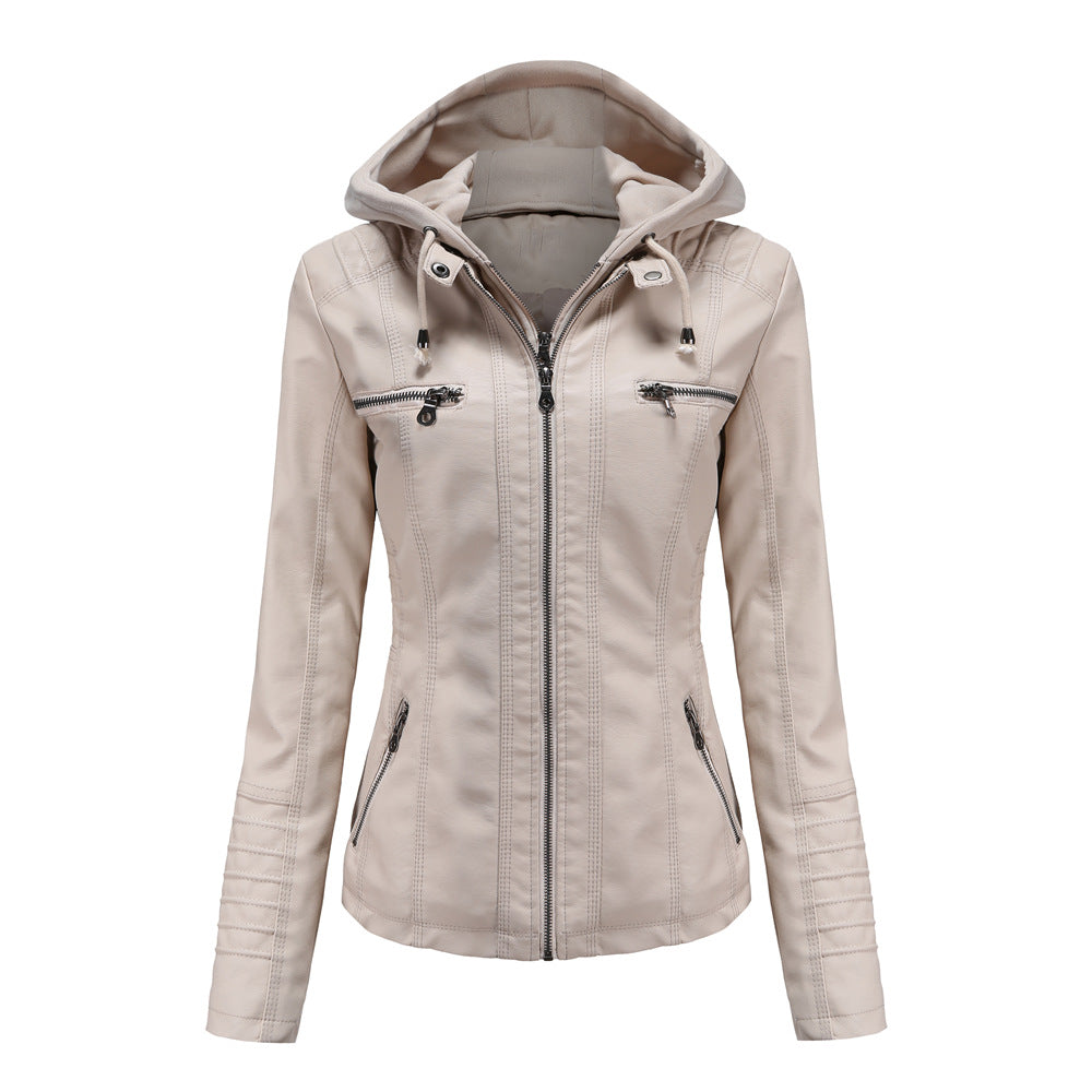 HOODED LEATHER ZIPPER JACKET