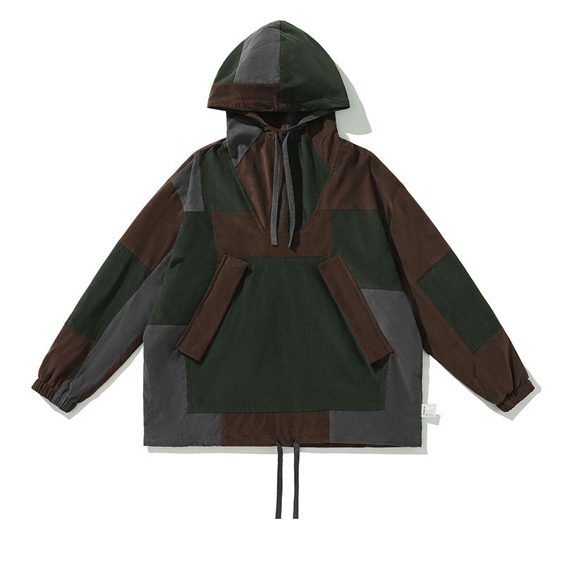 Stitching Corduroy Color Block Hooded Jacket