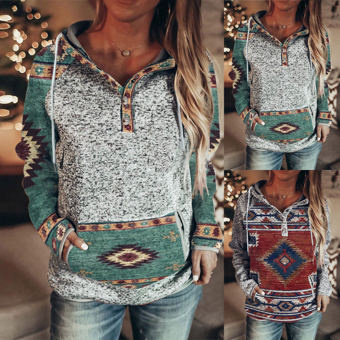 Leisure Printed V-neck Hooded Color Sweater