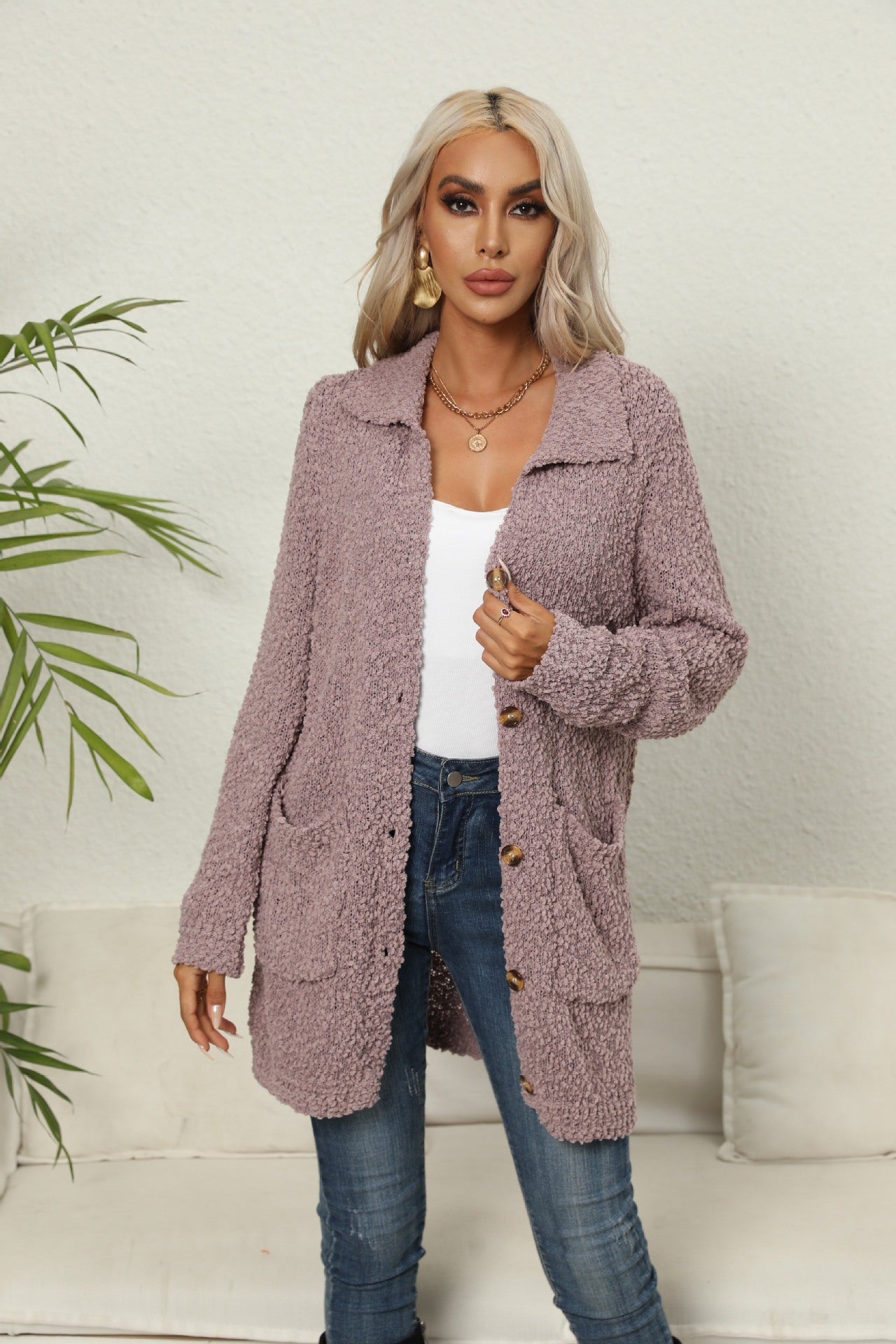 Pocket Button Lapel Knitwear Coat