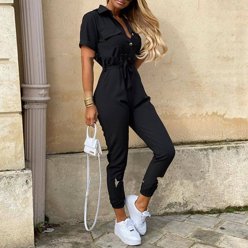 SHORT SLEEVE BUTTON-UP COLLAR JUMPSUIT