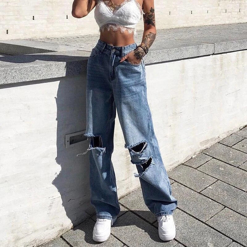 STRAIGHT LEG RIPPED JEANS