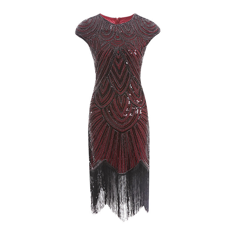 SHORT SLEEVE SEQUIN FRINGE DRESS