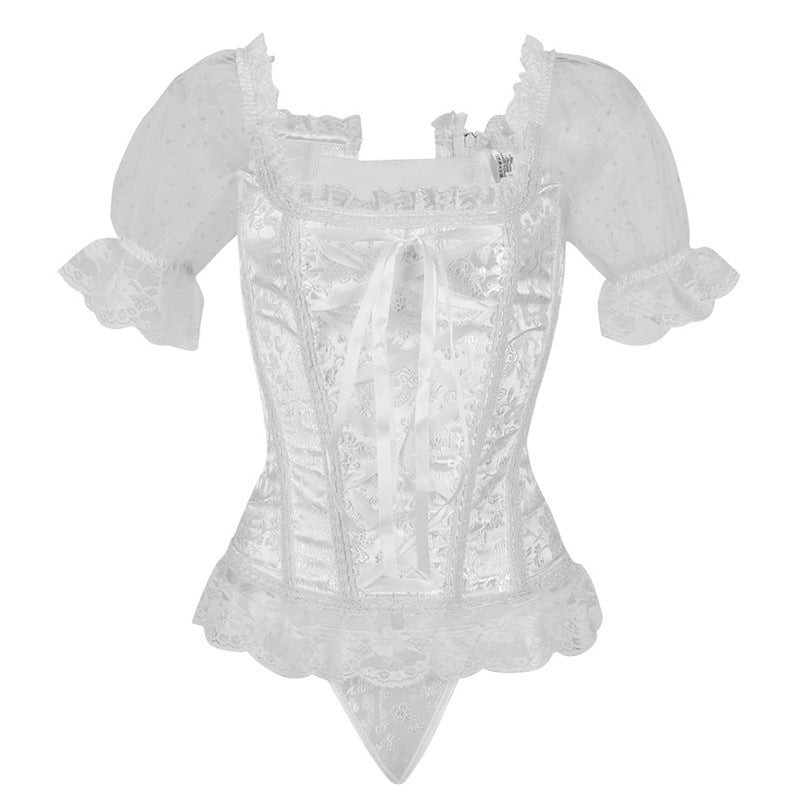 SHORT SLEEVE LACE-UP CORSET WITH LACE HIGH-LOW SKIRT