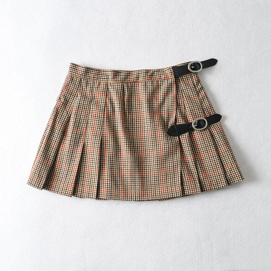 Retro Plaid Pleated Belt Buckle Skirt