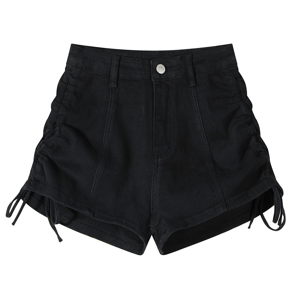 Denim Wide Leg Drawstring Design High Waisted Shorts