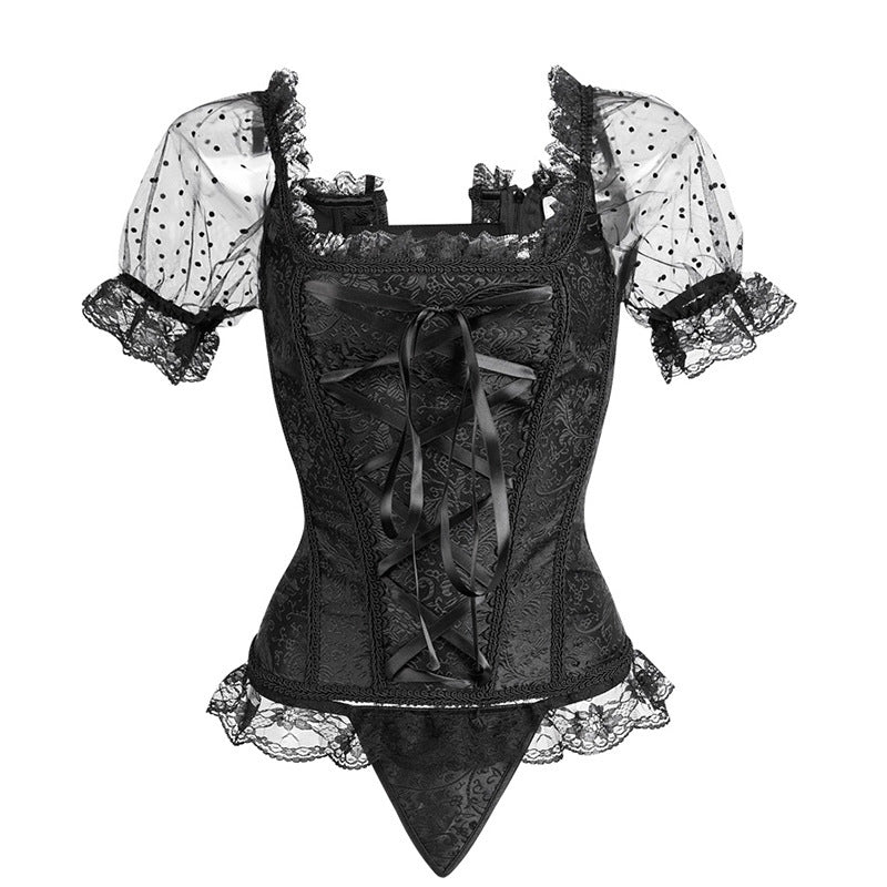 SHORT SLEEVE LACE-UP CORSET WITH LACE HIGH-LOW SKIRT