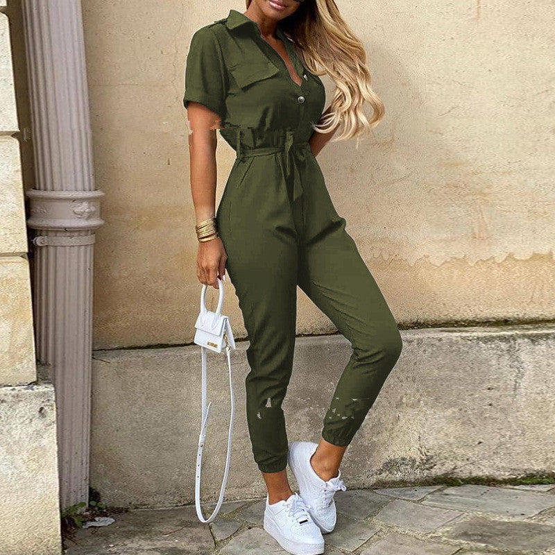 SHORT SLEEVE BUTTON-UP COLLAR JUMPSUIT