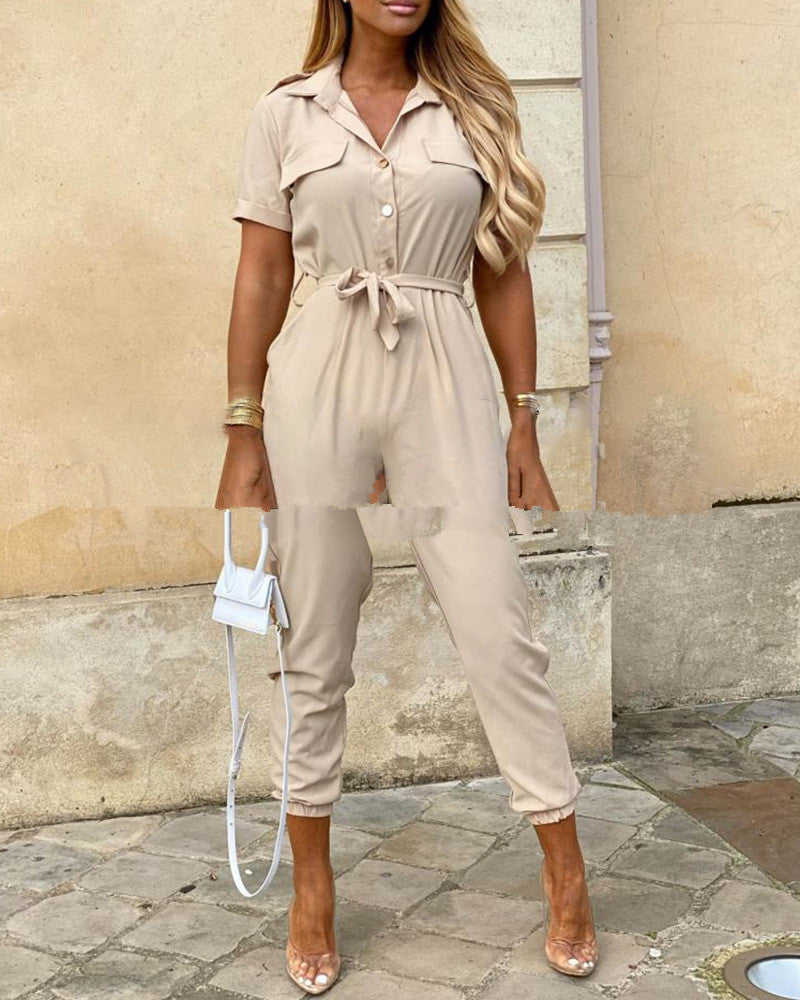 SHORT SLEEVE BUTTON-UP COLLAR JUMPSUIT