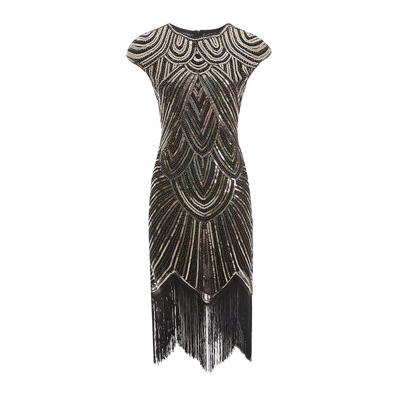 SHORT SLEEVE SEQUIN FRINGE DRESS