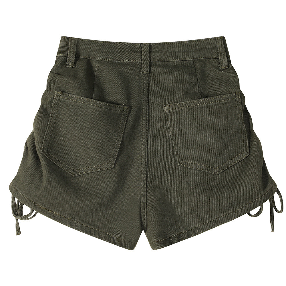 Denim Wide Leg Drawstring Design High Waisted Shorts
