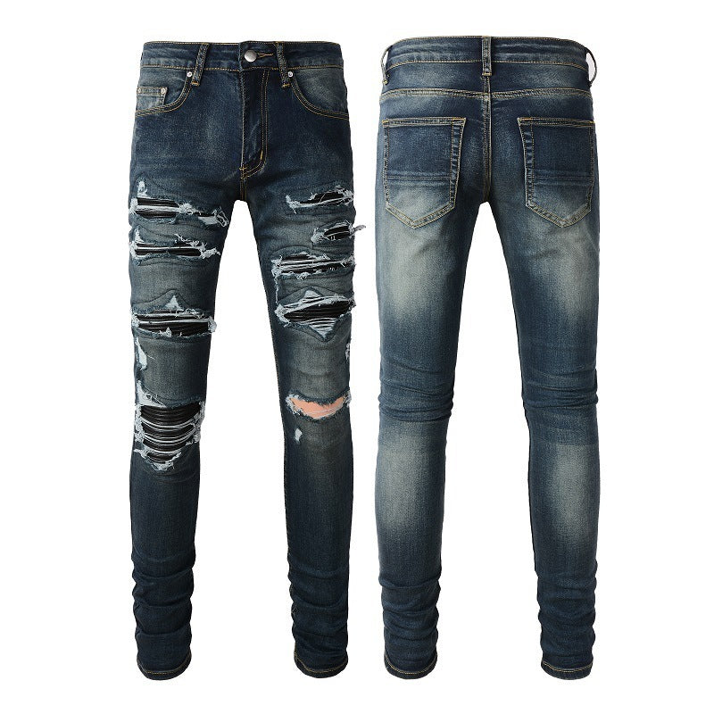 Blue Ripped Leather Patchwork High Street Jeans