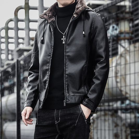 SLIM FIT BIKER LEATHER JACKET WITH REMOVABLE HOOD