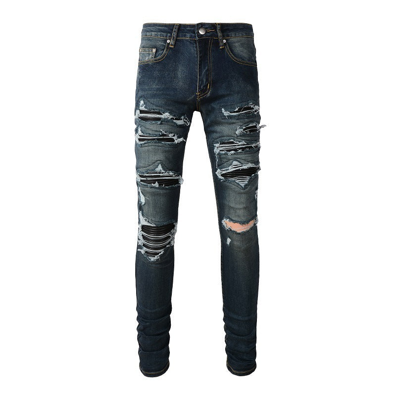 Blue Ripped Leather Patchwork High Street Jeans