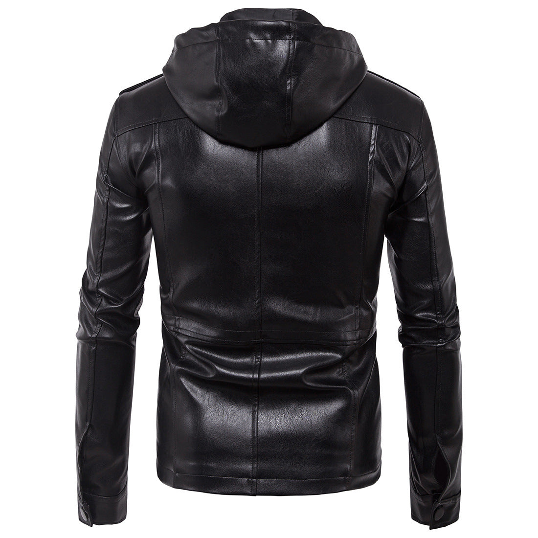 LEATHER JACKET WITH FRONT ZIPPER AND HOOD