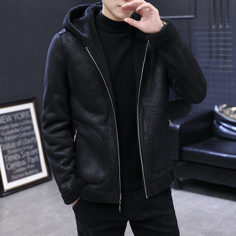 HOODED WINTER FUR FLEECE THICK LEATHER JACKET