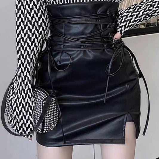 DRAWSTRING LEATHER PENCIL SKIRT