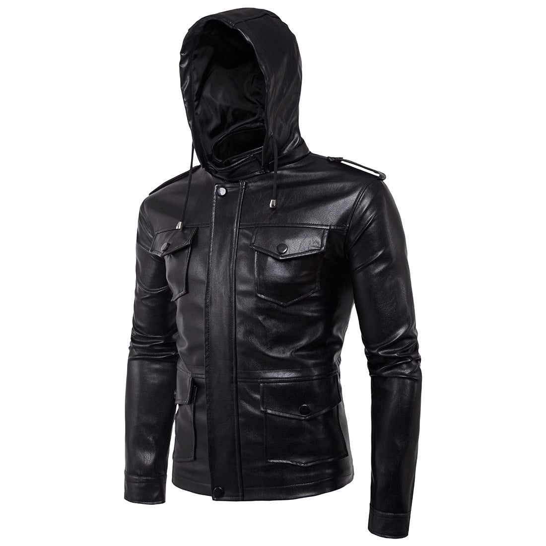 LEATHER JACKET WITH FRONT ZIPPER AND HOOD