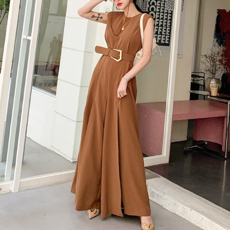 SLEEVELESS BELTED WIDE LEG JUMPSUIT