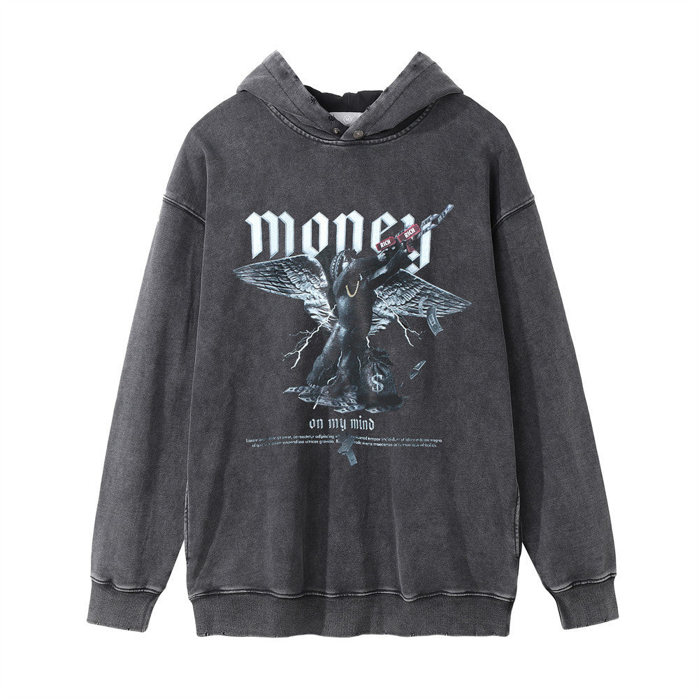 Dark Angel Print Washed And Worn Hooded Pullover